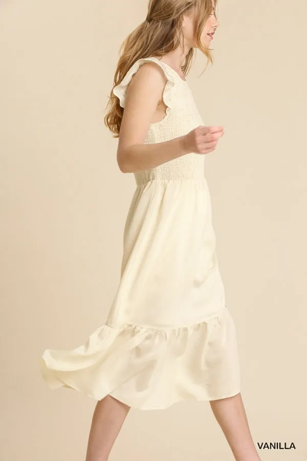 Smocked Voile Round Neck Midi Short Ruffle Sleeves Dress