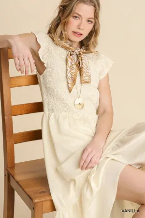 Smocked Voile Round Neck Midi Short Ruffle Sleeves Dress