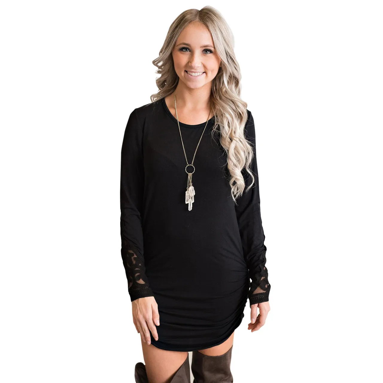 Solid Color Color Loose Long Sleeves Scoop Irregular Short Dress