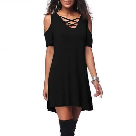 Straps Cut Out Pure Color V-neck Loose Short Dress