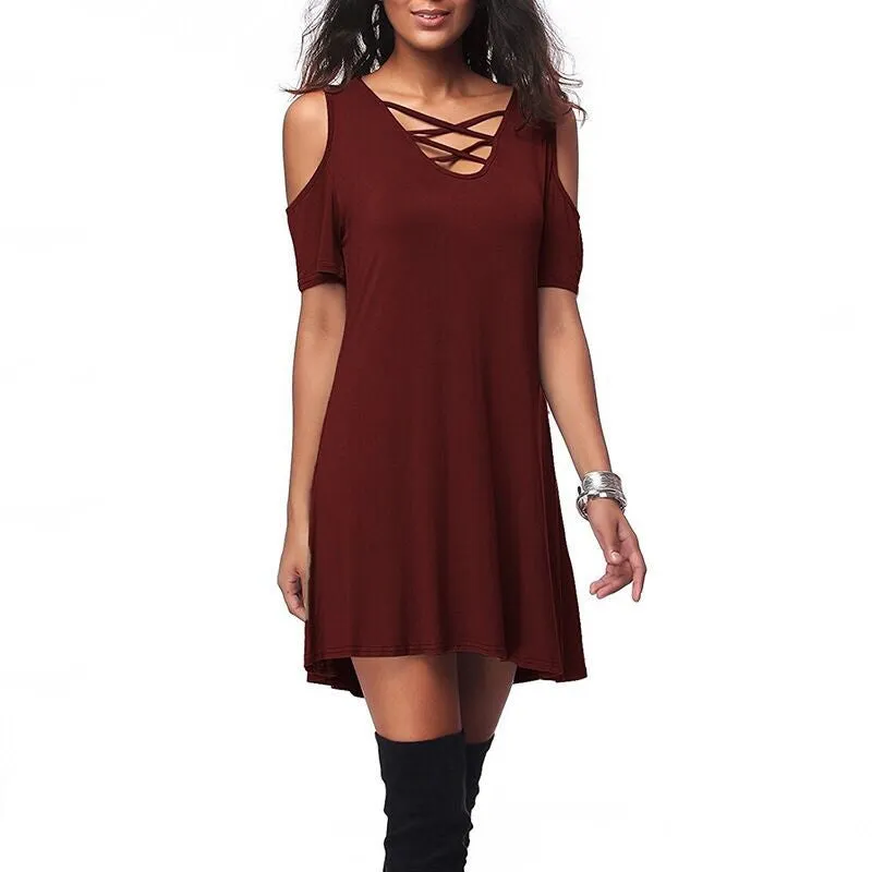 Straps Cut Out Pure Color V-neck Loose Short Dress