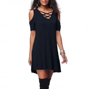 Straps Cut Out Pure Color V-neck Loose Short Dress