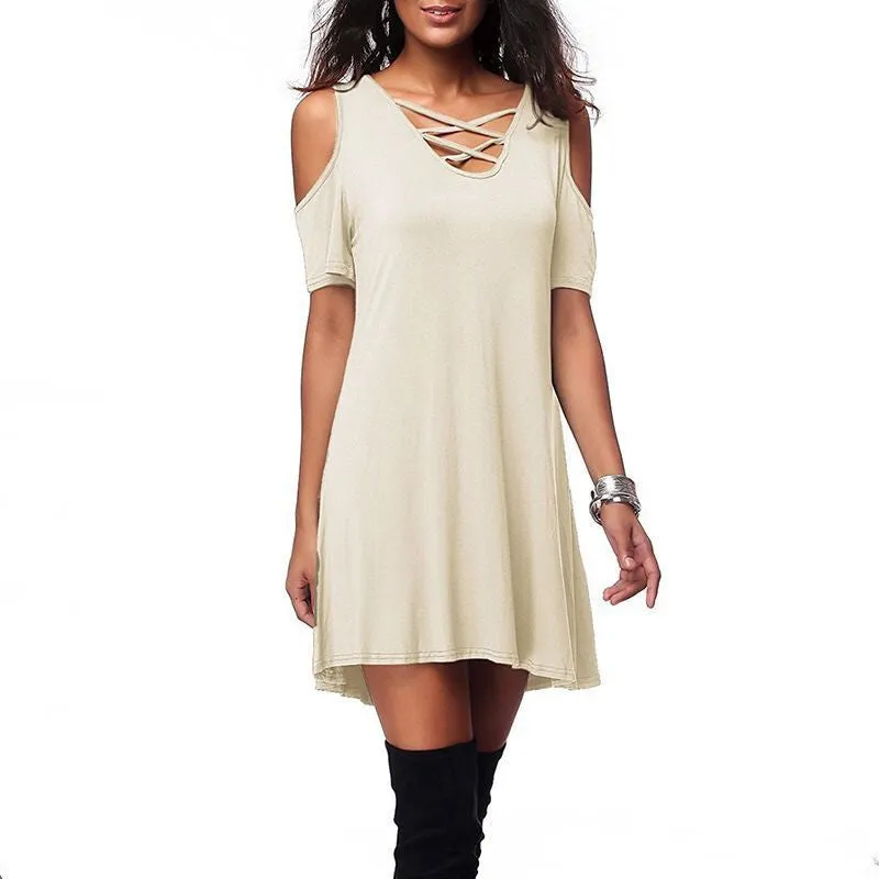 Straps Cut Out Pure Color V-neck Loose Short Dress