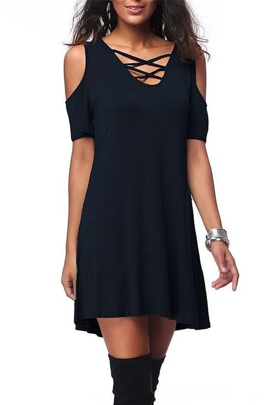 Straps Cut Out Pure Color V-neck Loose Short Dress