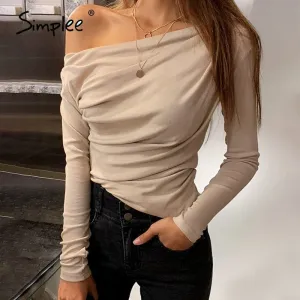 Summer long sleeve  female tops Sexy asymmetric slim solid tops for ladies