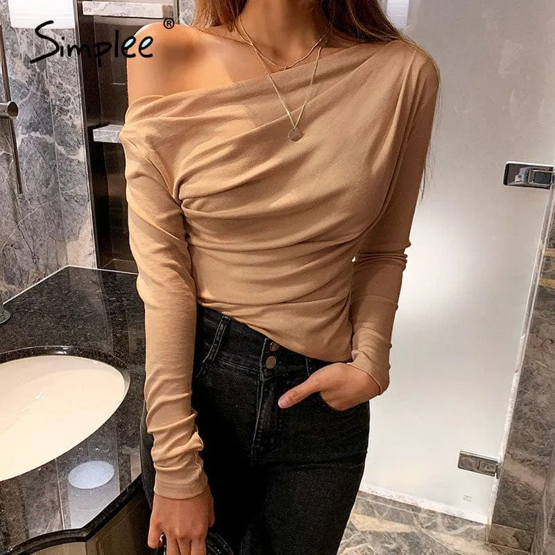 Summer long sleeve  female tops Sexy asymmetric slim solid tops for ladies