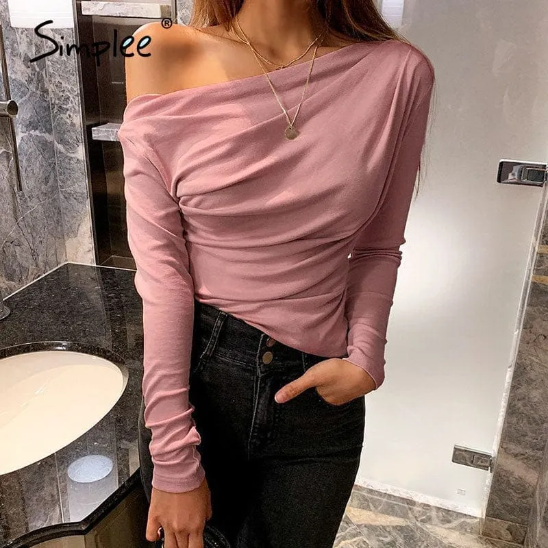 Summer long sleeve  female tops Sexy asymmetric slim solid tops for ladies