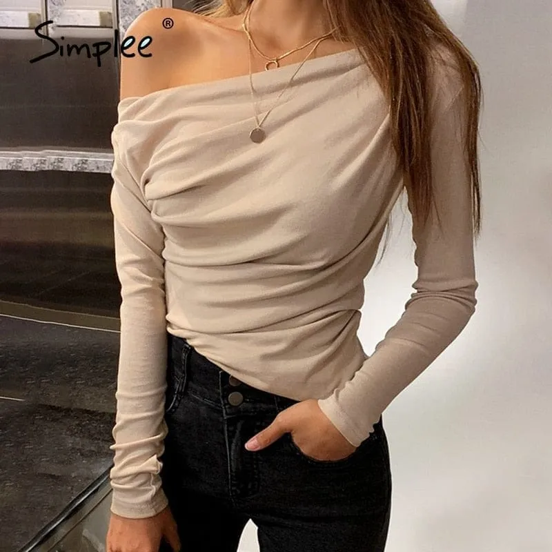 Summer long sleeve  female tops Sexy asymmetric slim solid tops for ladies