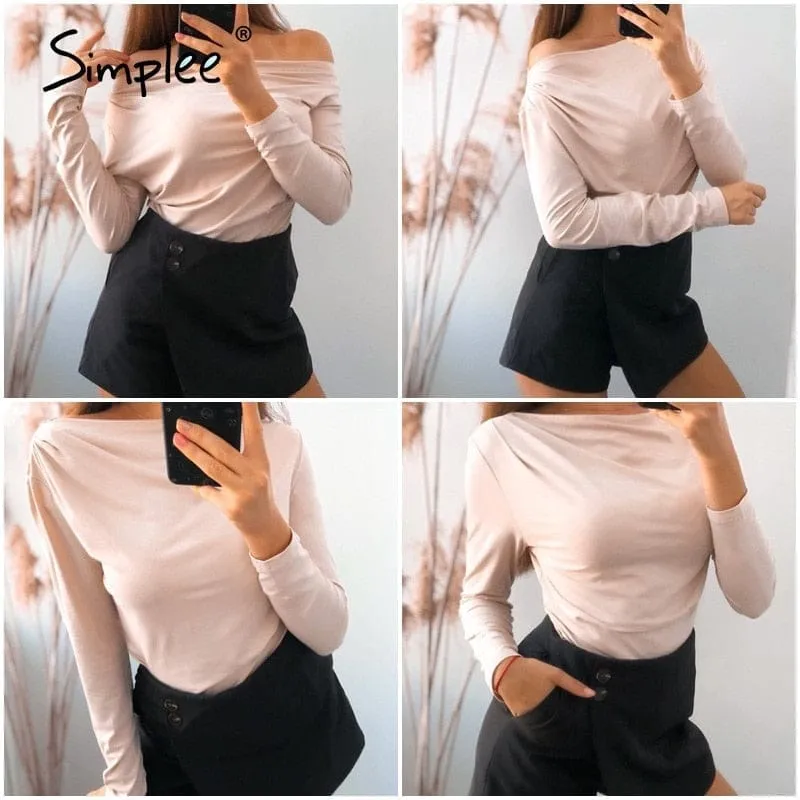 Summer long sleeve  female tops Sexy asymmetric slim solid tops for ladies