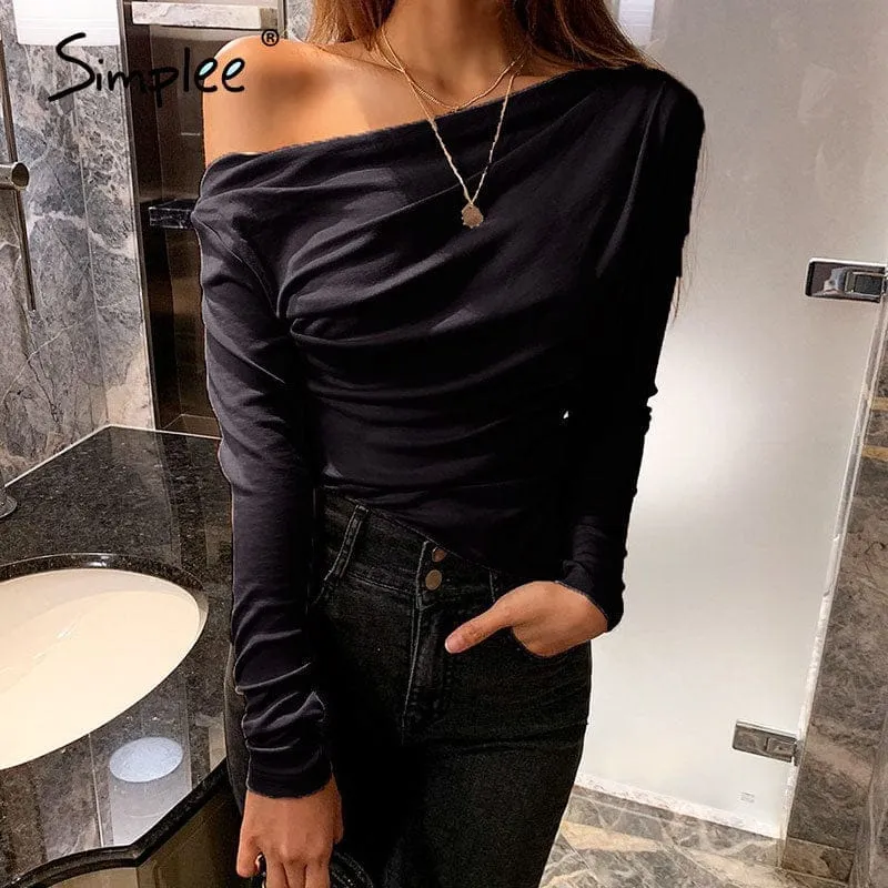 Summer long sleeve  female tops Sexy asymmetric slim solid tops for ladies