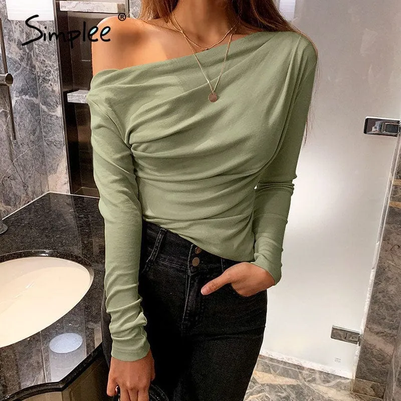 Summer long sleeve  female tops Sexy asymmetric slim solid tops for ladies
