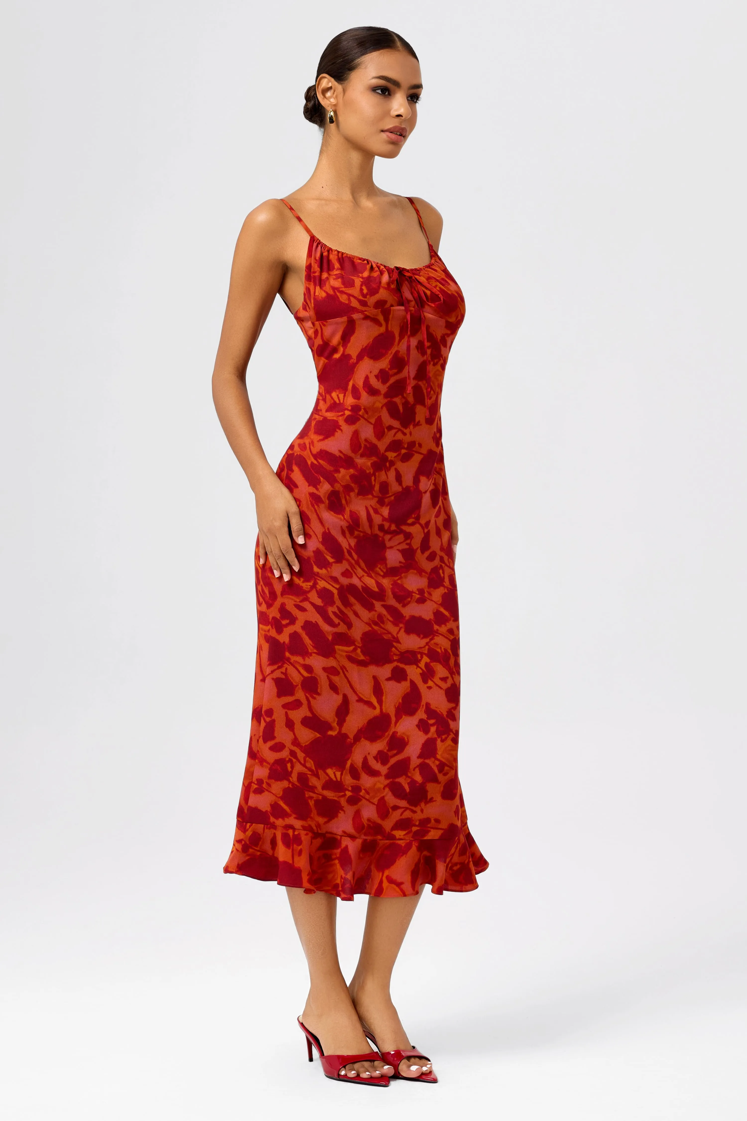 Tie and Pleated Neckline Mermaid Midi Dress