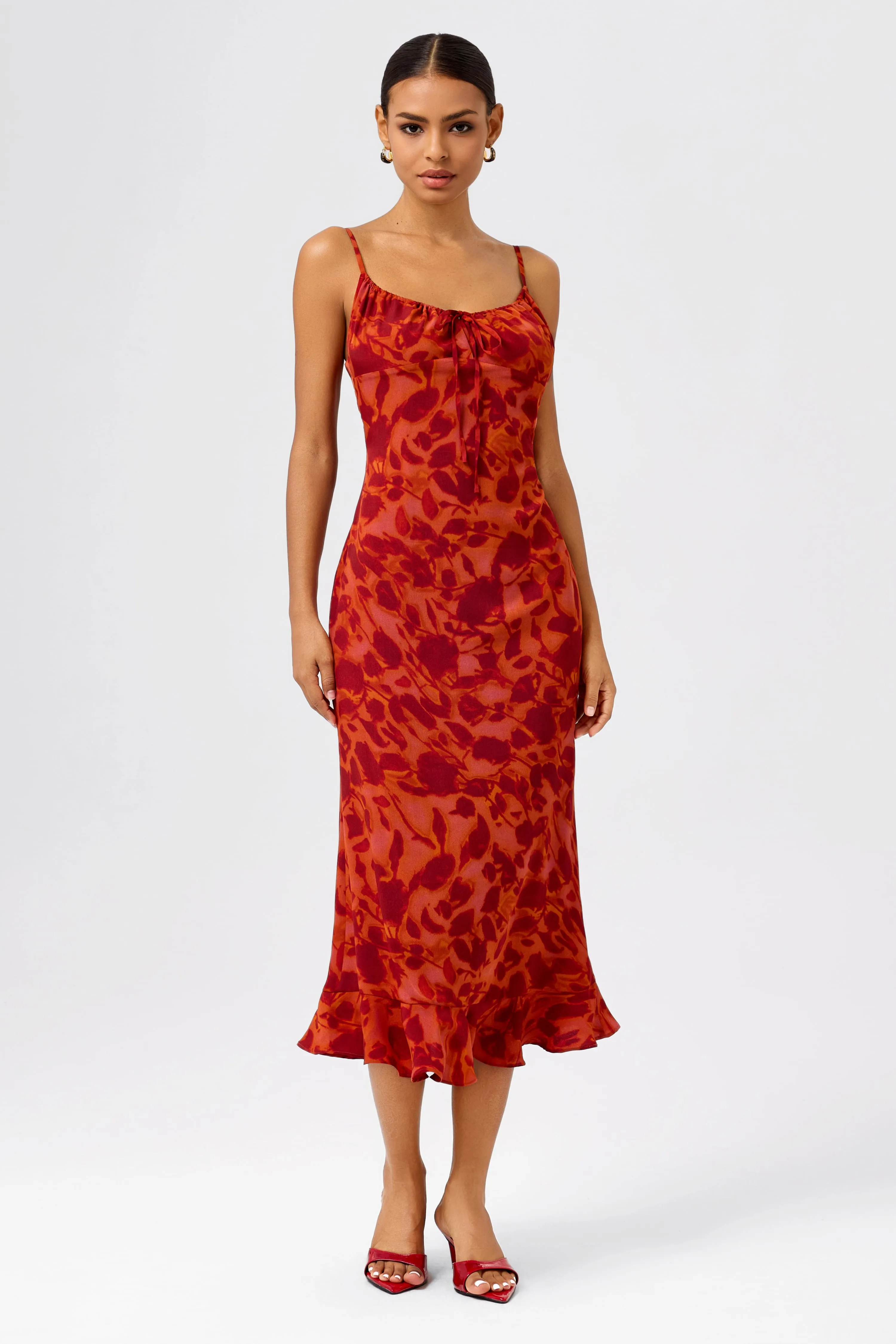 Tie and Pleated Neckline Mermaid Midi Dress