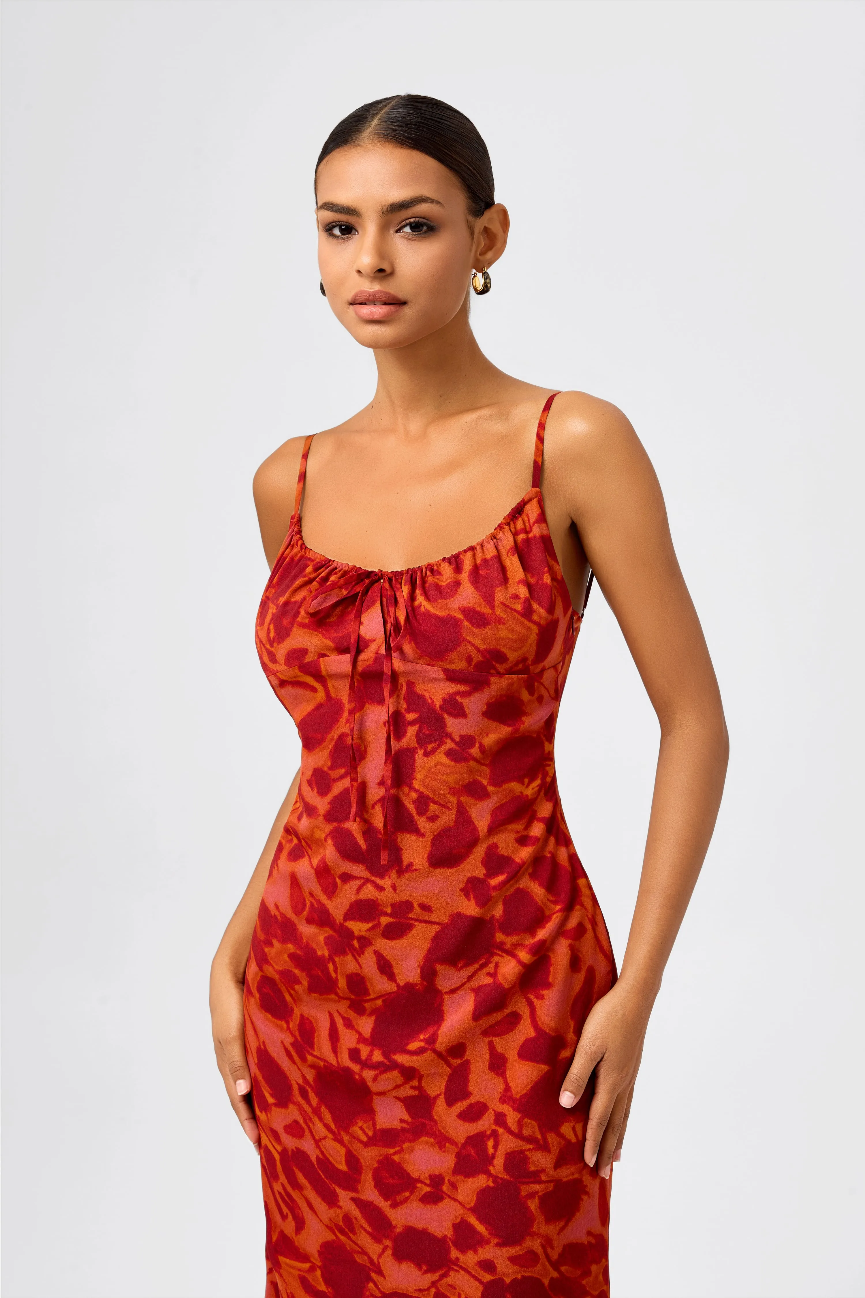 Tie and Pleated Neckline Mermaid Midi Dress