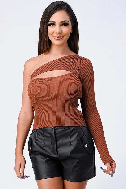 TRENDY BASICS RIBBED ONE SHOULDER CUT-OUT TOP