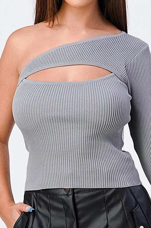 TRENDY BASICS RIBBED ONE SHOULDER CUT-OUT TOP