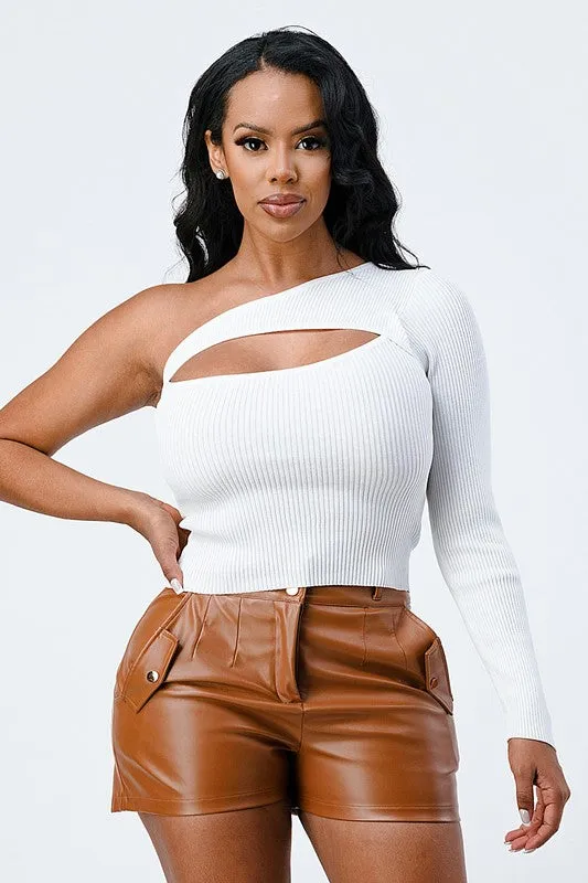 TRENDY BASICS RIBBED ONE SHOULDER CUT-OUT TOP
