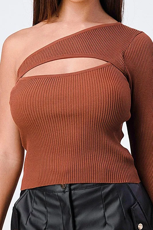 TRENDY BASICS RIBBED ONE SHOULDER CUT-OUT TOP