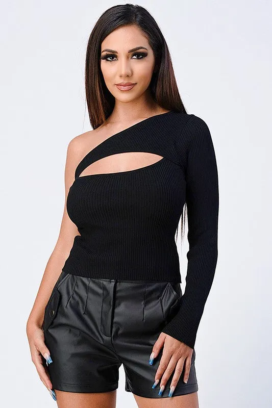 TRENDY BASICS RIBBED ONE SHOULDER CUT-OUT TOP
