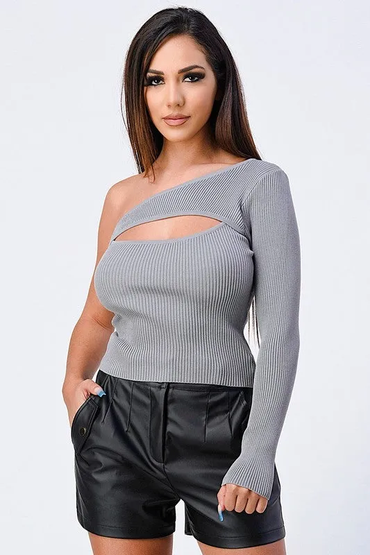 TRENDY BASICS RIBBED ONE SHOULDER CUT-OUT TOP