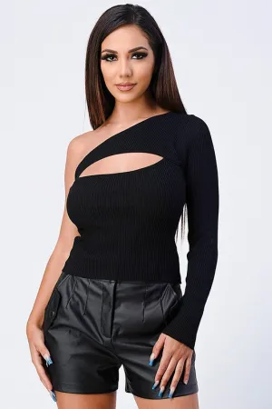 TRENDY BASICS RIBBED ONE SHOULDER CUT-OUT TOP