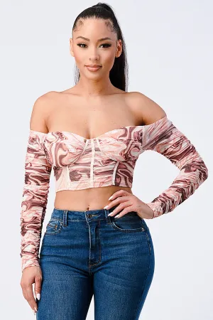 TRENDY MARBLE PRINT RIBBED OFF SHOULDER TOP
