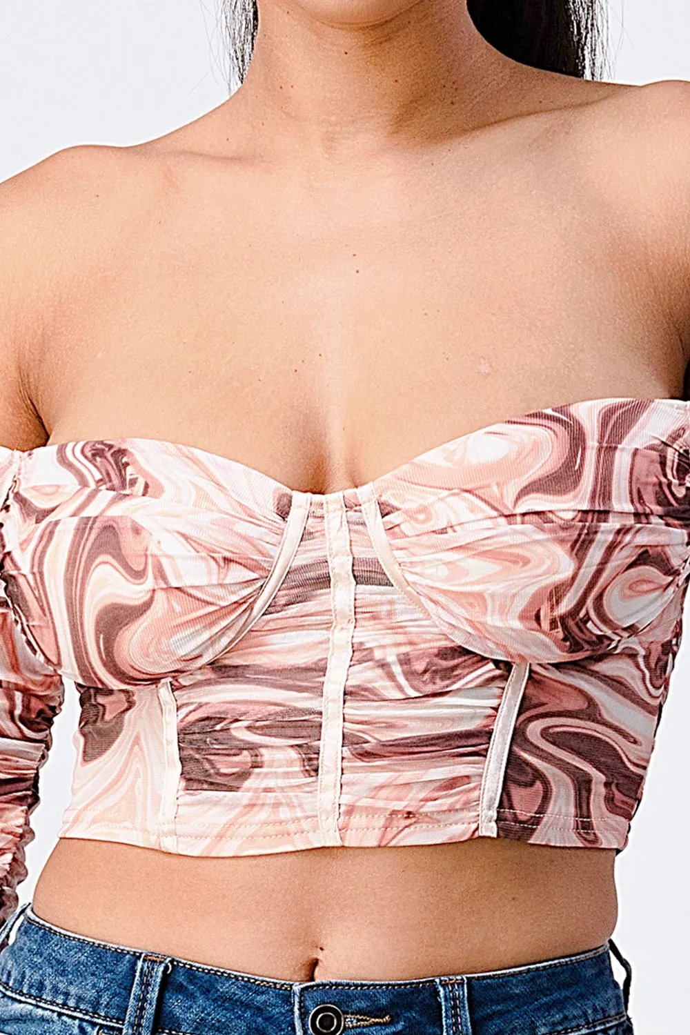 TRENDY MARBLE PRINT RIBBED OFF SHOULDER TOP