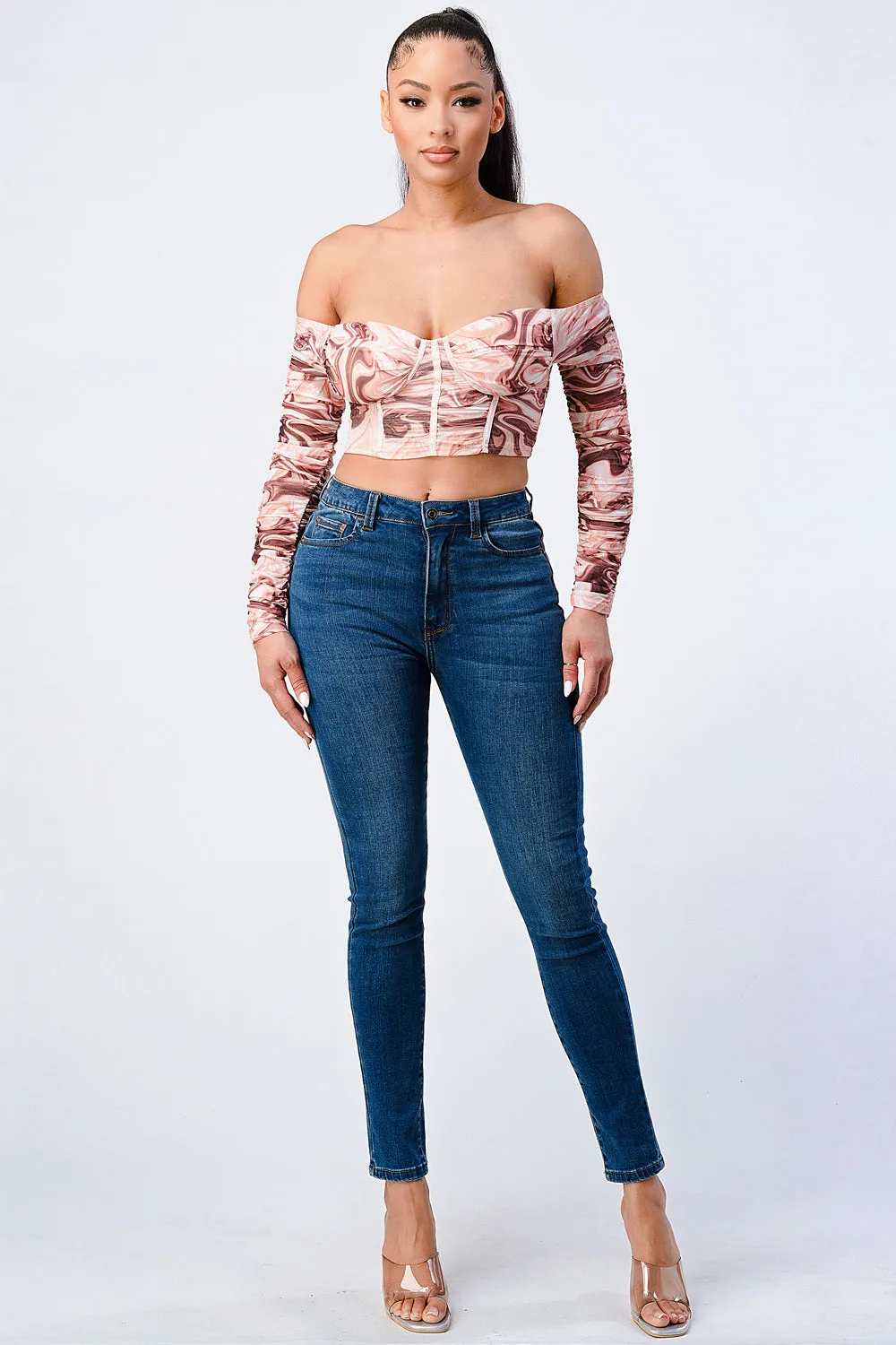 TRENDY MARBLE PRINT RIBBED OFF SHOULDER TOP