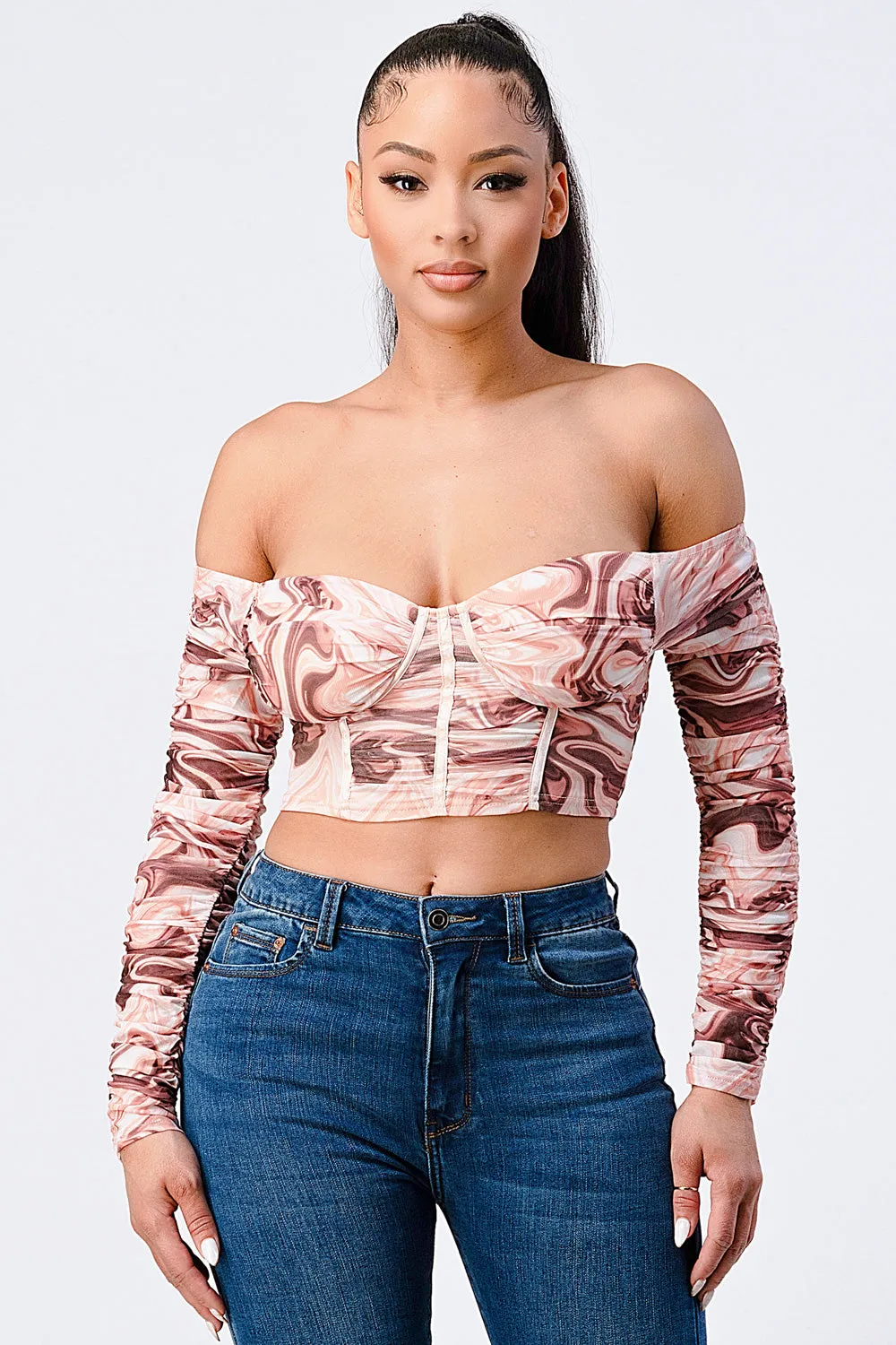 TRENDY MARBLE PRINT RIBBED OFF SHOULDER TOP