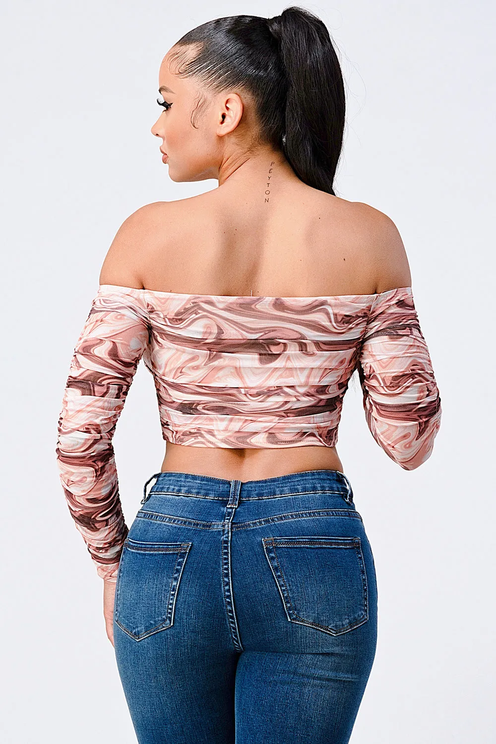 TRENDY MARBLE PRINT RIBBED OFF SHOULDER TOP