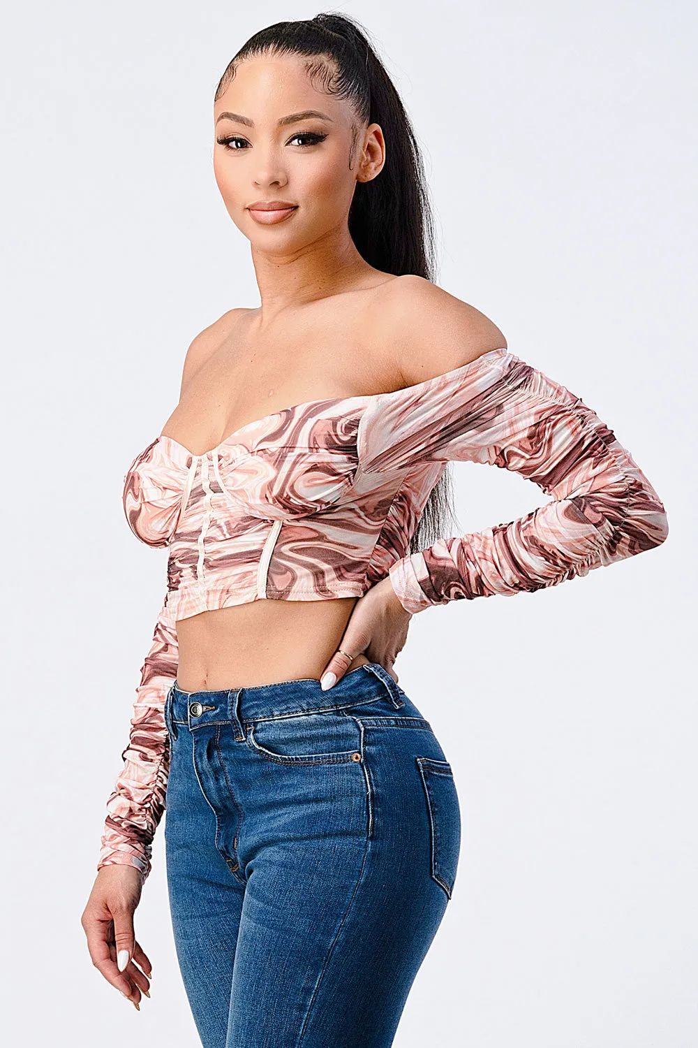 TRENDY MARBLE PRINT RIBBED OFF SHOULDER TOP