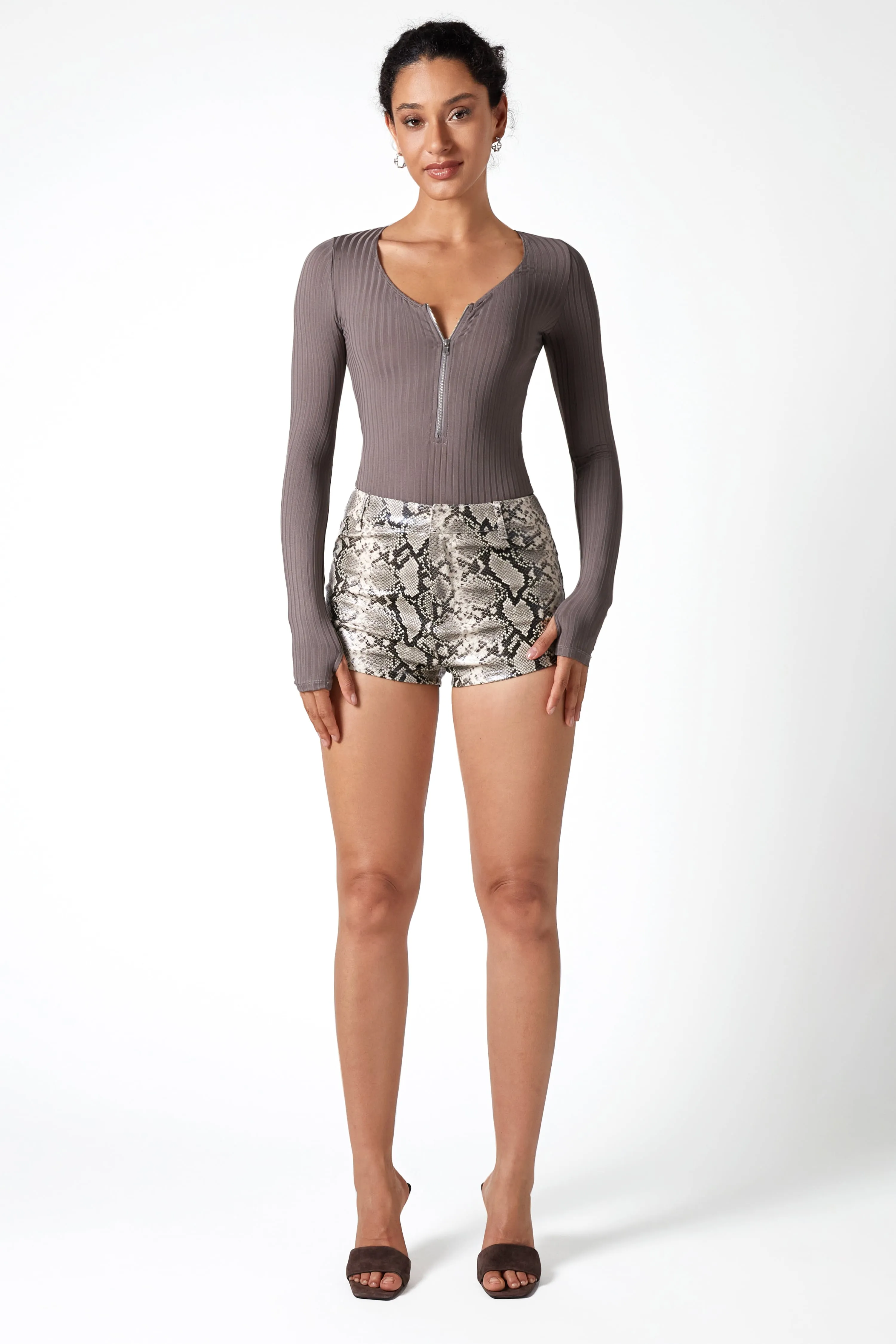 Zip-Front U-Neck Long Sleeve Bodysuit in Grey