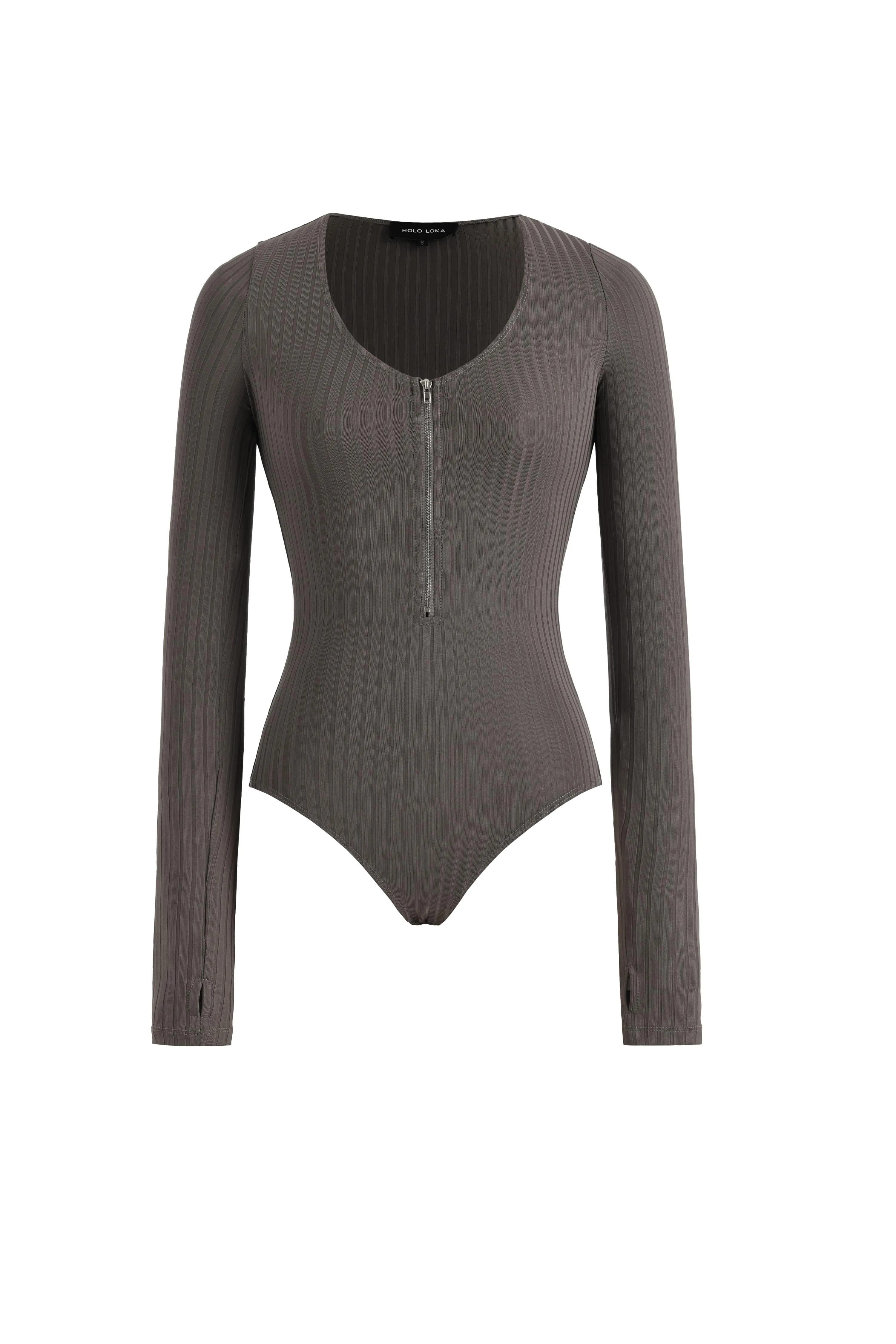 Zip-Front U-Neck Long Sleeve Bodysuit in Grey